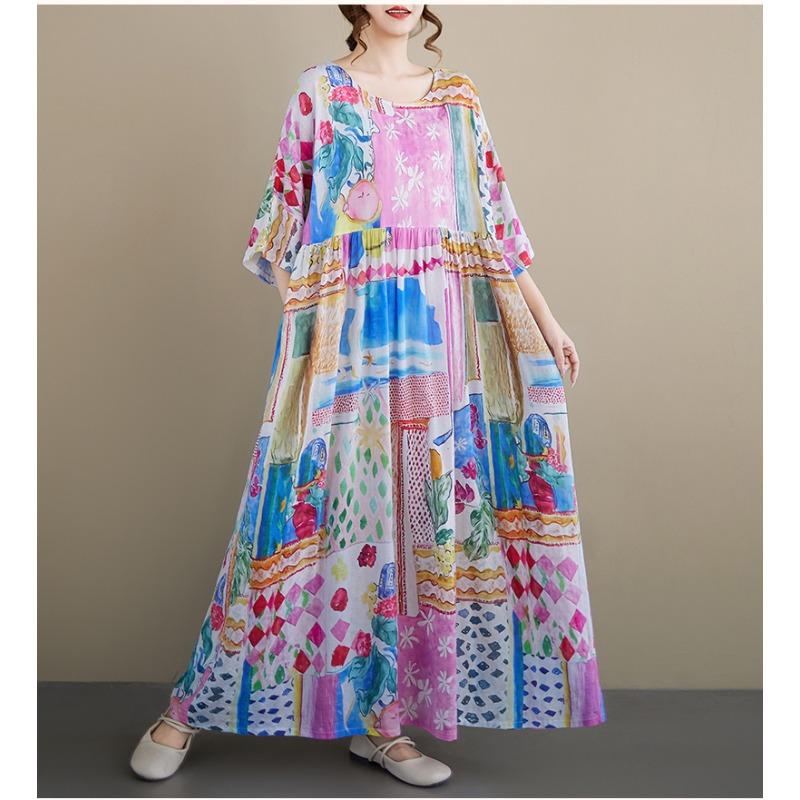 DIMANAF New 2026 Summer Beach Women Plus Size Fashion Lady Long Dress Loose Oversize Maxi Floral Print Cotton