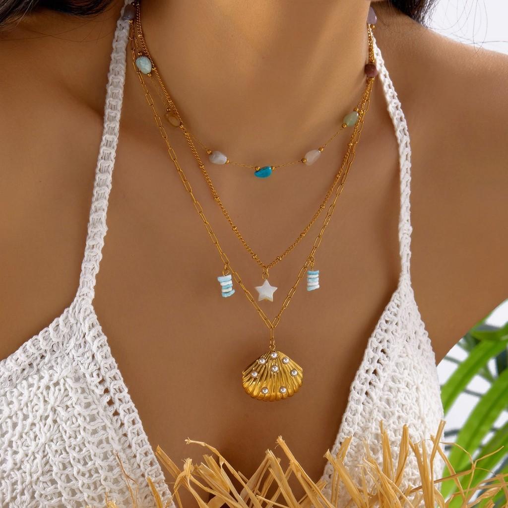 Summer Vacation Style Multilayer Stainless Steel Butterfly Sun Pendant Necklace For Women