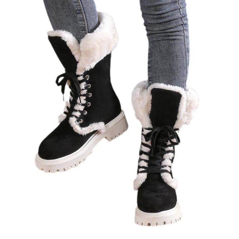 Damen Warme Faux Fur Fleece Gefütterte Faux Wildleder Klobiger Absatz Plateau Schlupfstiefel Schnürung Runde Zehenpartie Mid-Calf Winter Schneestiefel