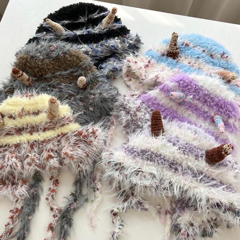 Lovely Horned Knitted Hat Soft Plush Monsters Hat Cold Weather Comfortable Hat for Winter Warmth and Ear Protecting