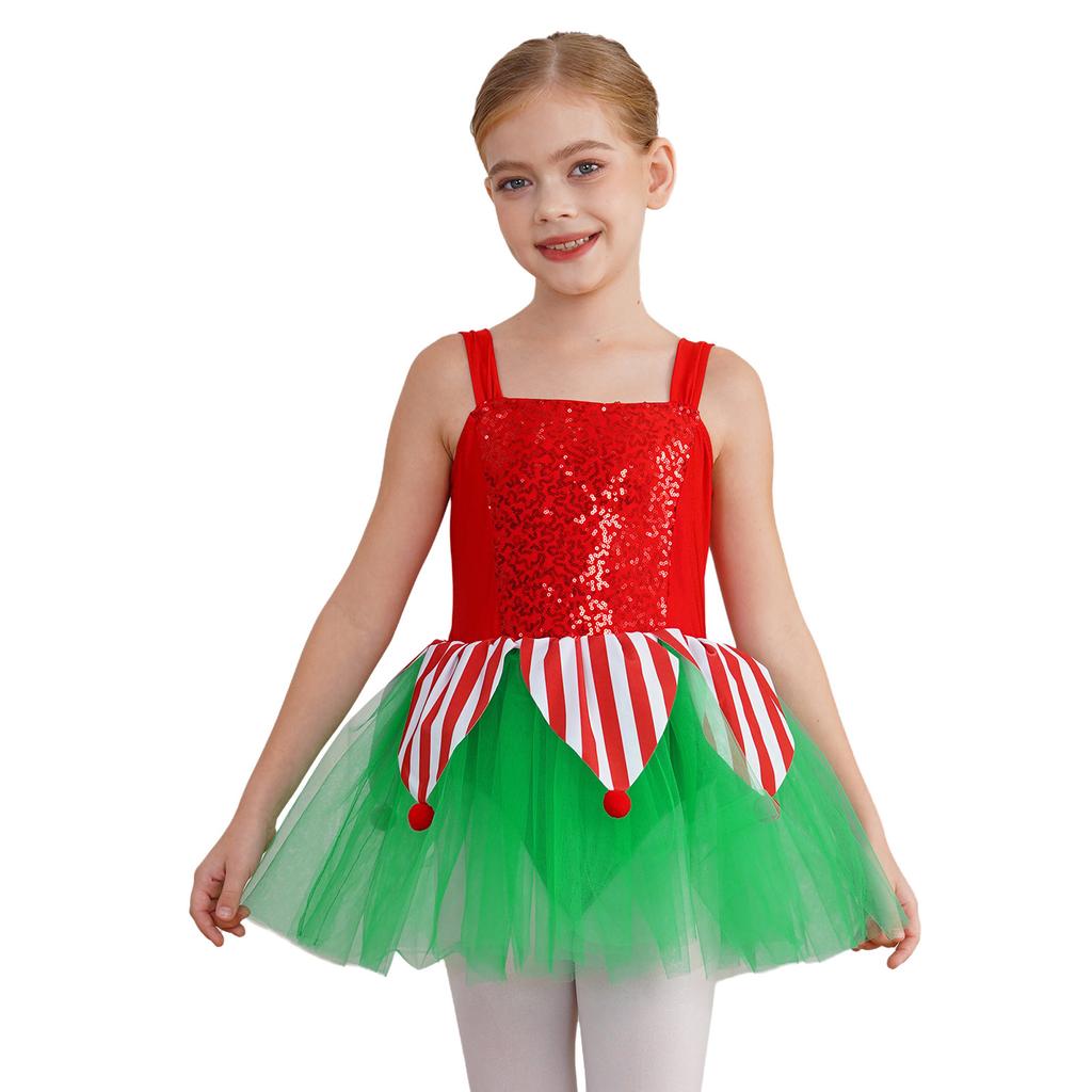 Girls Christmas Jumpsuit Shiny Sleeveless Design Jagged Pompoms Tulle Skirt Costume Cosplay Dance Wear