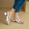A Line with Open Toe Thick Heel Sandals Summer New Square Head Cross with Pearl Ancient Fish Mouth Heel Shoes