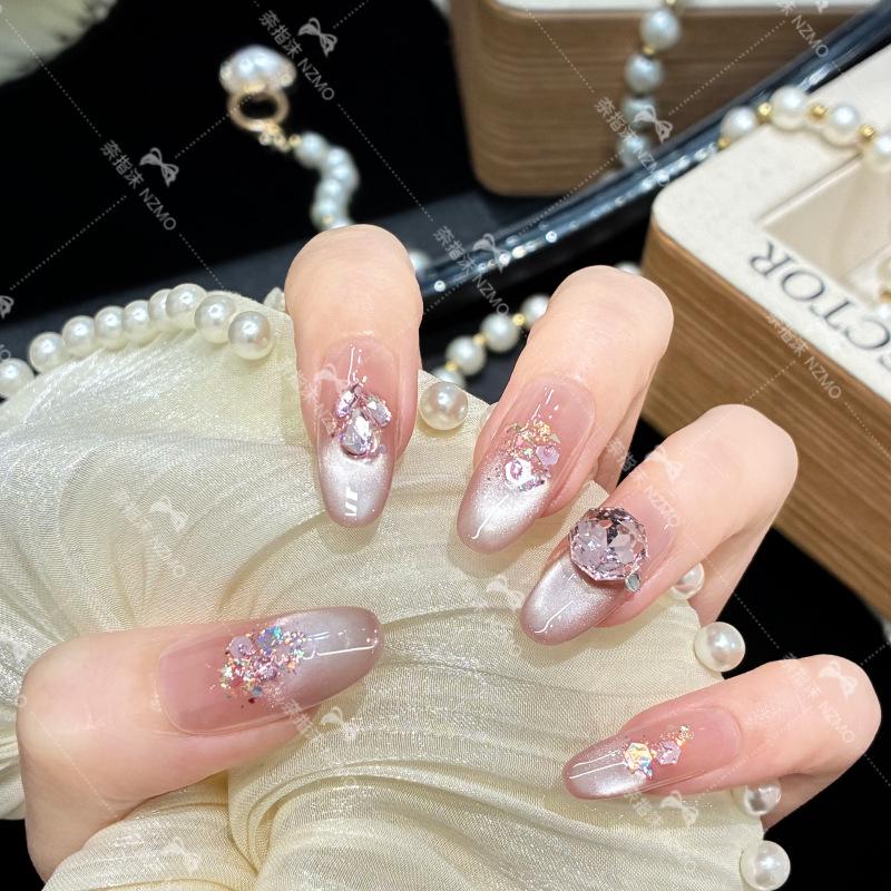Y31 Nude Pink Super Sparkle Cat Eye Rhinestone Mosaic Handmade Nails S for Regular Size (Fits Most)