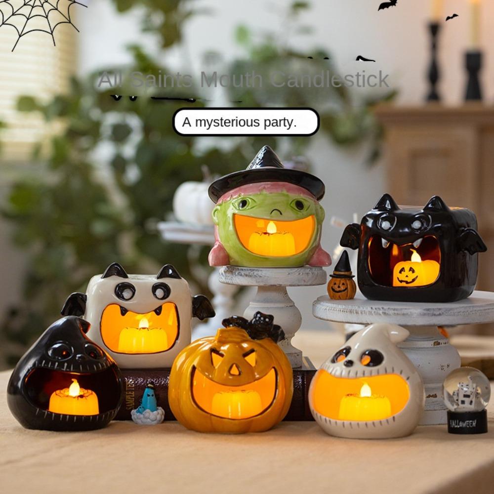 Cartoon Halloween Pumpkin Candlestick Ceramic Bat Candle Holder Cute Ghost Candlestick Bar