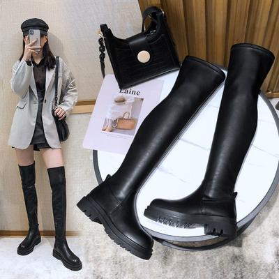 Over-knee Boots Women's Autumn and Winter New Elastic Boots Slim Black Raised Round Head Flat Bottom Medium Heel Thick-soled Knight Boots