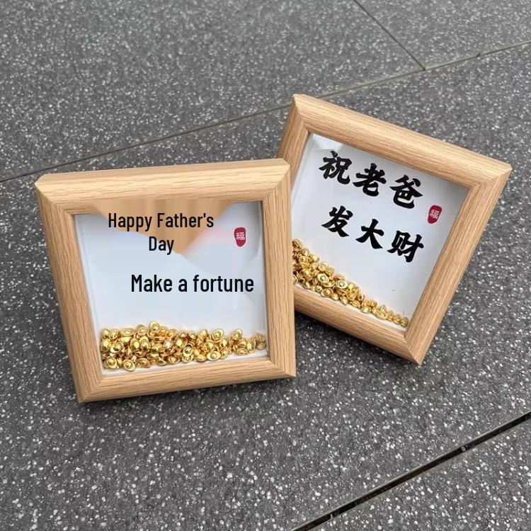 Gold Ingot Photo Frame Wooden Ornament - Creative DIY Gift for Dad