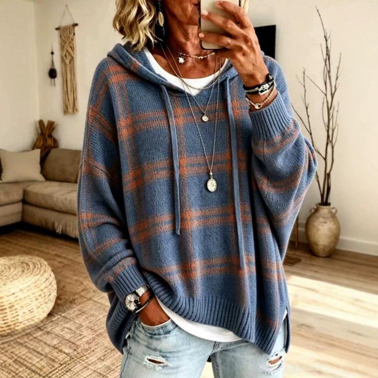 Women's Retro Plaid Hooded Knit Sweatshirt - Loose Fit, Drop Shoulder, Drawstring Pullover Sweater for Casual Wear.