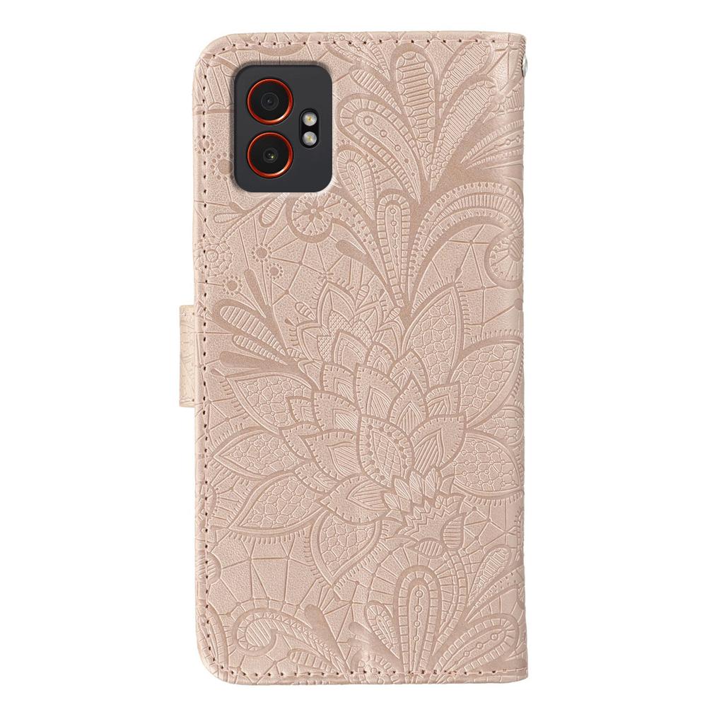 For Samsung Galaxy XCover7 Pro Case Lace Flowers PU Leather Flip Wallet Phone Cover with Wrist Strap