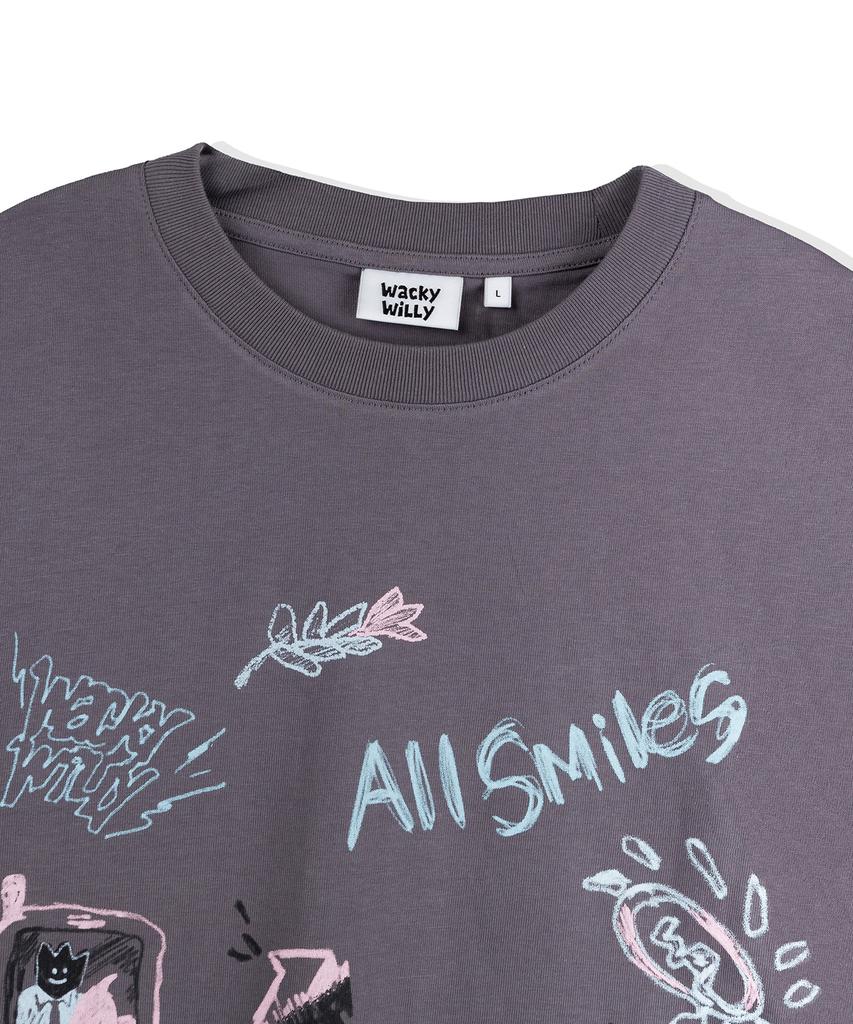 WACKY WILLY Kiki Multi-Graphic Long Sleeve T-Shirt Charcoal