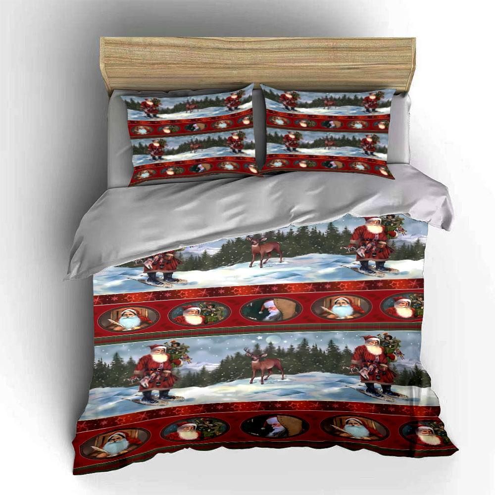 Christmas Santa and Reindeer Scene Bedding Duvet Cover Set (1*Duvet Cover 2*Pillowcases, without duvet insert)