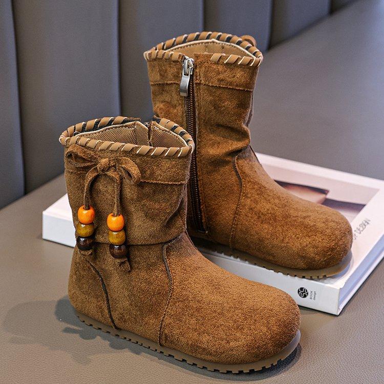 Korean version of girls' retro leather boots 2025 autumn and winter new baby fashion versatile casual soft-soled girls medium boots