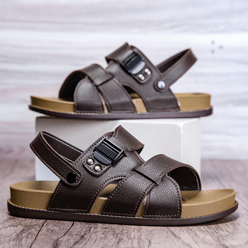 

Лето 2025 новые мужские сандалии мужские модные пляжные туфли носить дышащие универсальные мягкая подошва повседневные мужские крутые шлепанцы 45 коричневый