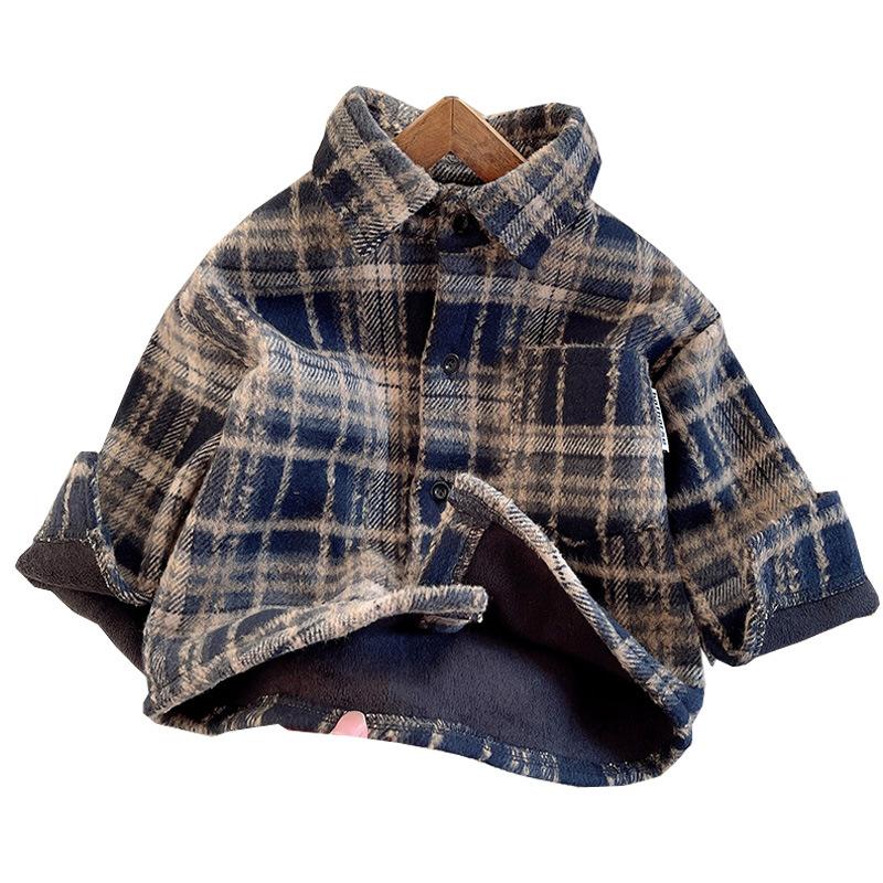 Kids Autumn Winter American Retro Plaid Flannel Shirt Fleece Lined Jacket Boys Girls Warm Outerwear 80