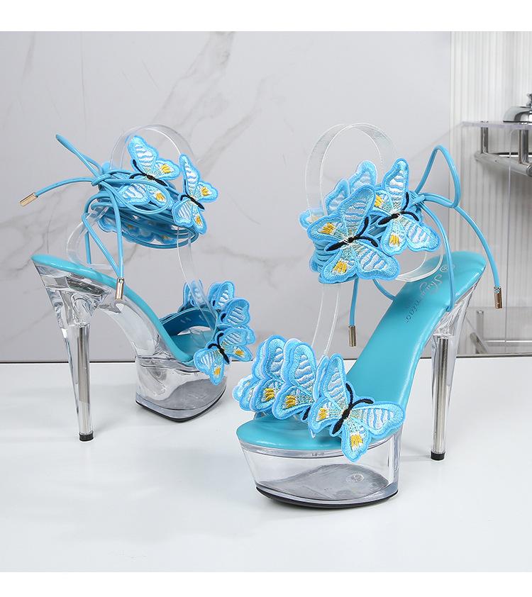 Strap Shoes Butterfly Sexy Super High Heels 15CM Thin Heel Waterproof Platform Sandals Transparent Crystal LFD