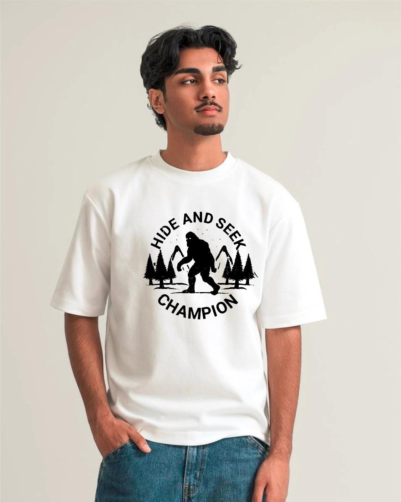 Bigfoot Hide And Seek Champion T-Shirt, Funny Sasquatch Graphic Men s Gift Tee M