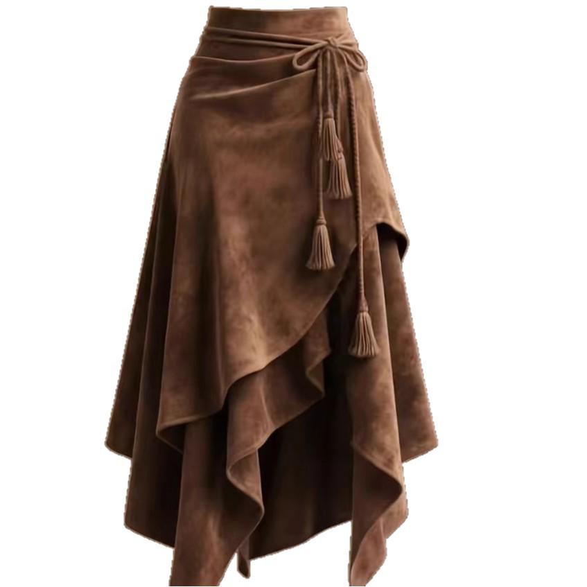 Women's 2025 Coffee Suede Half Skirt: Autumn Irregular Lace-up Slimming A-line Mid-length