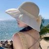 Women Chiffon Ruffle Bucket Straw Hat Big Fabric Bow Pearl Decor Foldable Outdoor Beach Travel Sun Shade Cap