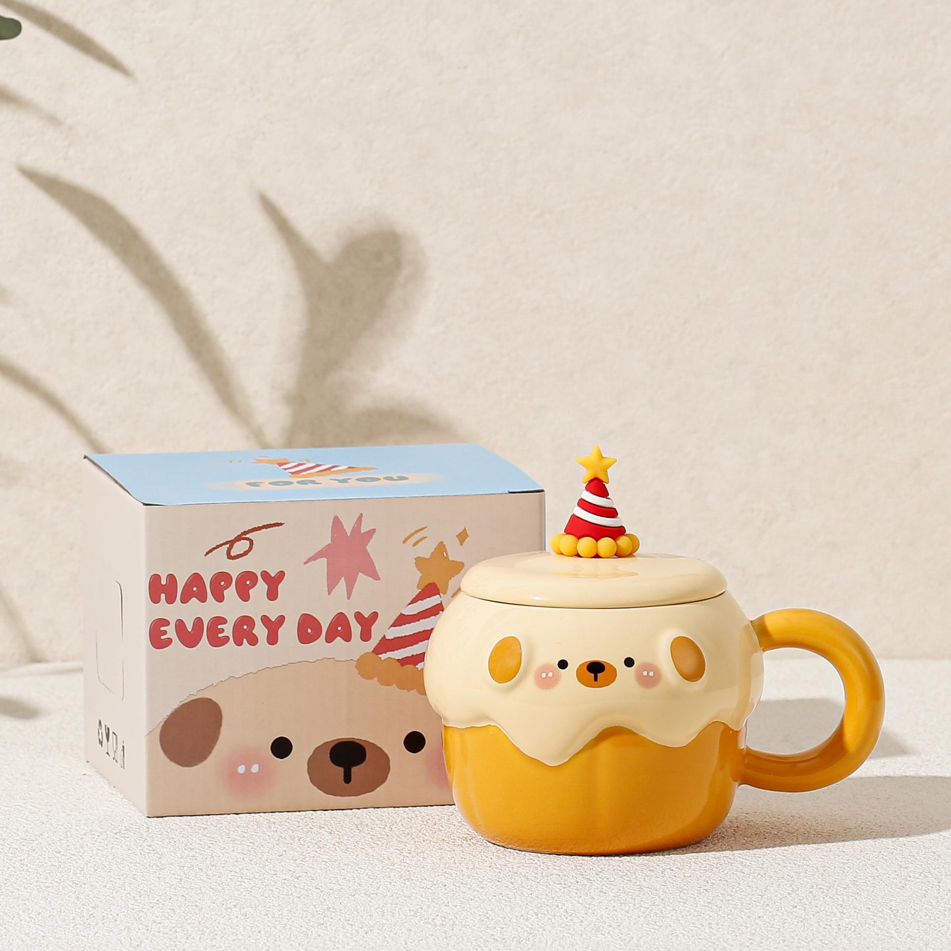 Birthday Gift Mug With Lid Cartoon Cupcake Ceramic Cup Souvenir Office Home Girls Water Cup 450ml