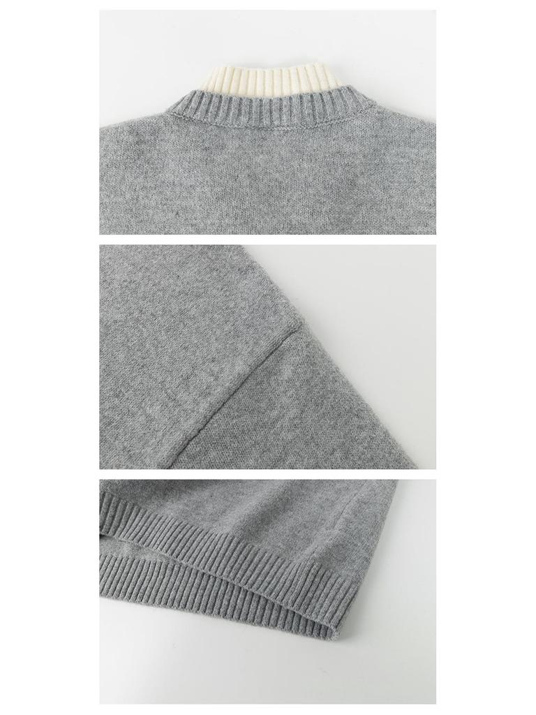 Men's Gray Korean-Style V-Neck Knitwear: Light Luxury, Fake Two-Piece Buttoned High Neck Long Sleeve Sweater Pullover.