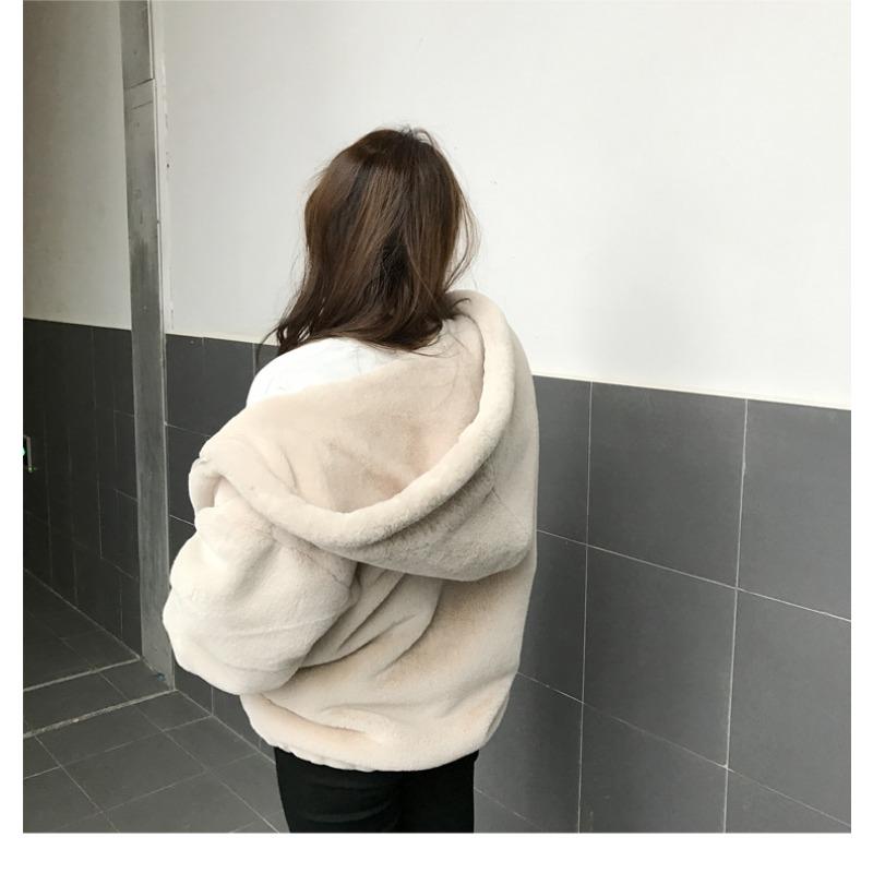 Autumn and winter new fashion imitation Rex rabbit fur jacket women's thickened plush hooded short coat large size top