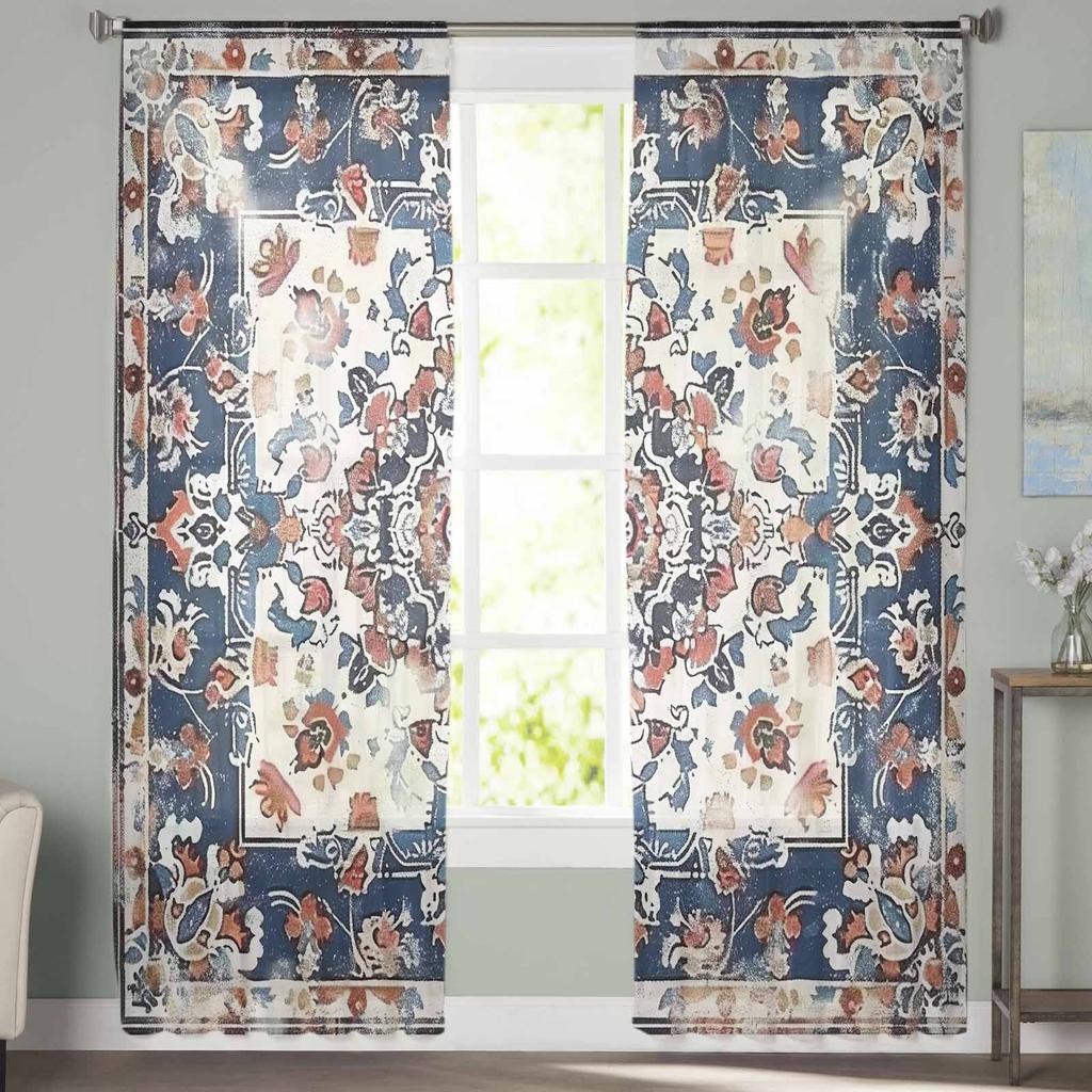 Bohemian Retro Patterns Sheer Curtains for Kids Bedroom Living Room Voile Window Curtains Tulle Drapes