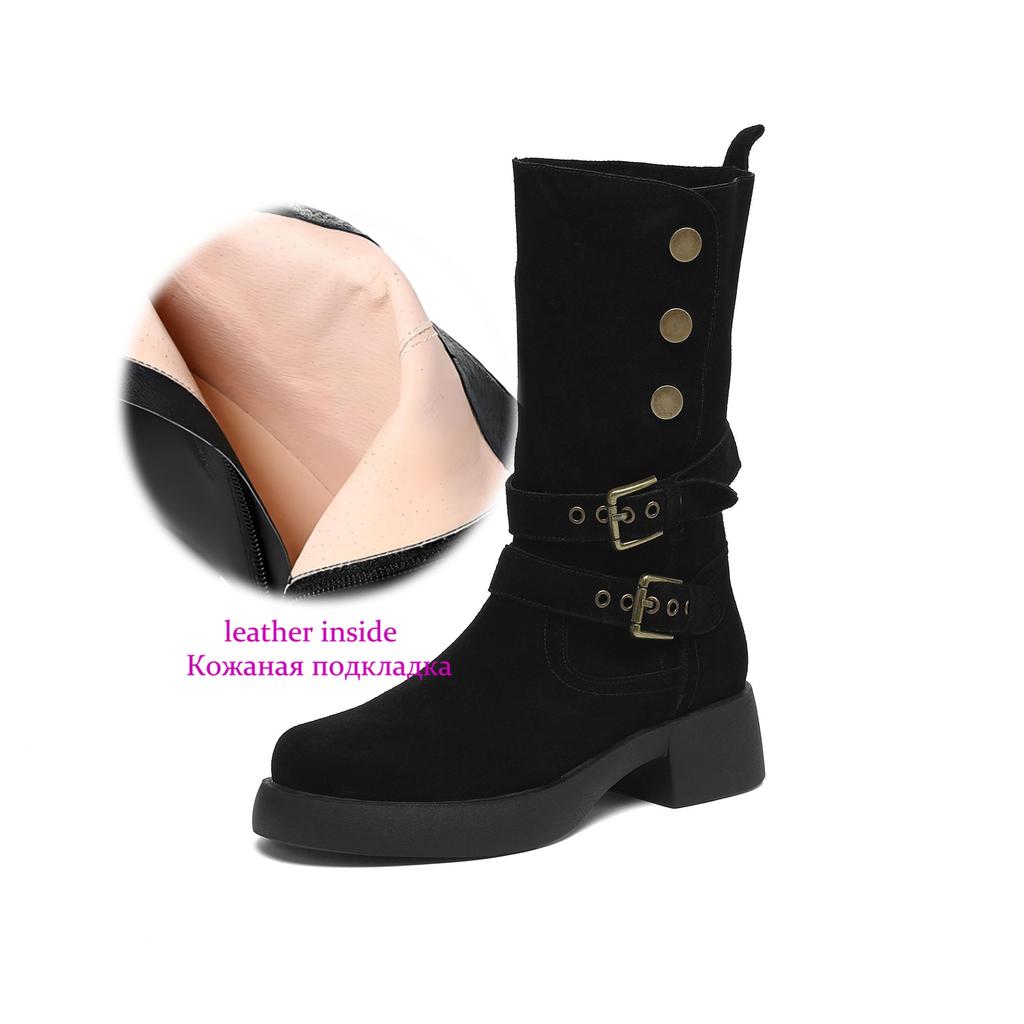 Krazing Pot Cow Suede Round Toe Thick Heels Motorcycle Boots Size 42 Back Zip Women Keep Warm Metal Button Mid-calf Boots