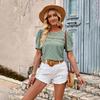 Summer Casual Women's Lace Hollow Slimming T-Shirt Round Neck Short Sleeve Solid Color Blouse Spring Fashion