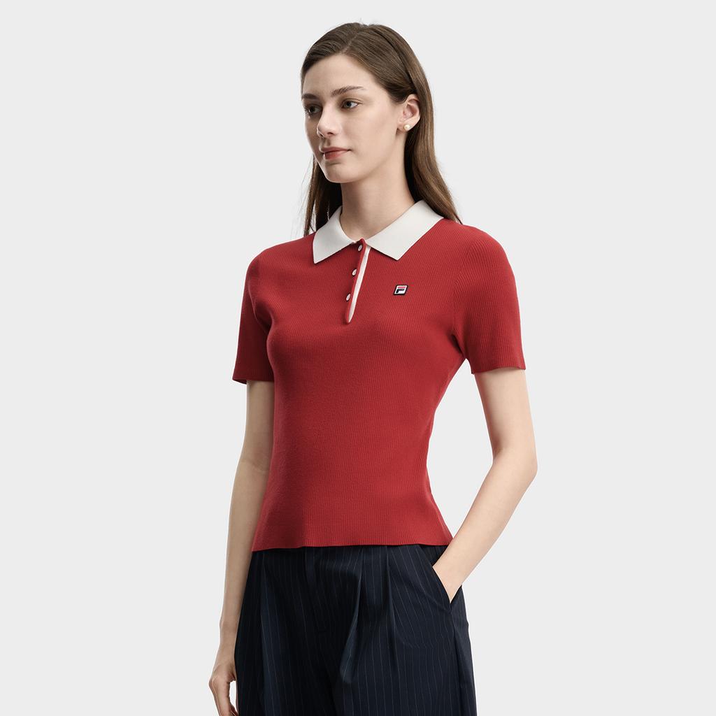 Fila Heritage Vintage Casual Versatile Fashion Woven Polo Knit Sweater Women Tops Red F11W628411FRD