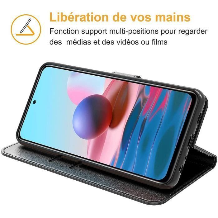 Case and Tempered Glass - E.F.CONNECTION - for Redmi Note 10/10S - Black Leather Effect - Shockproof - Scratchproof