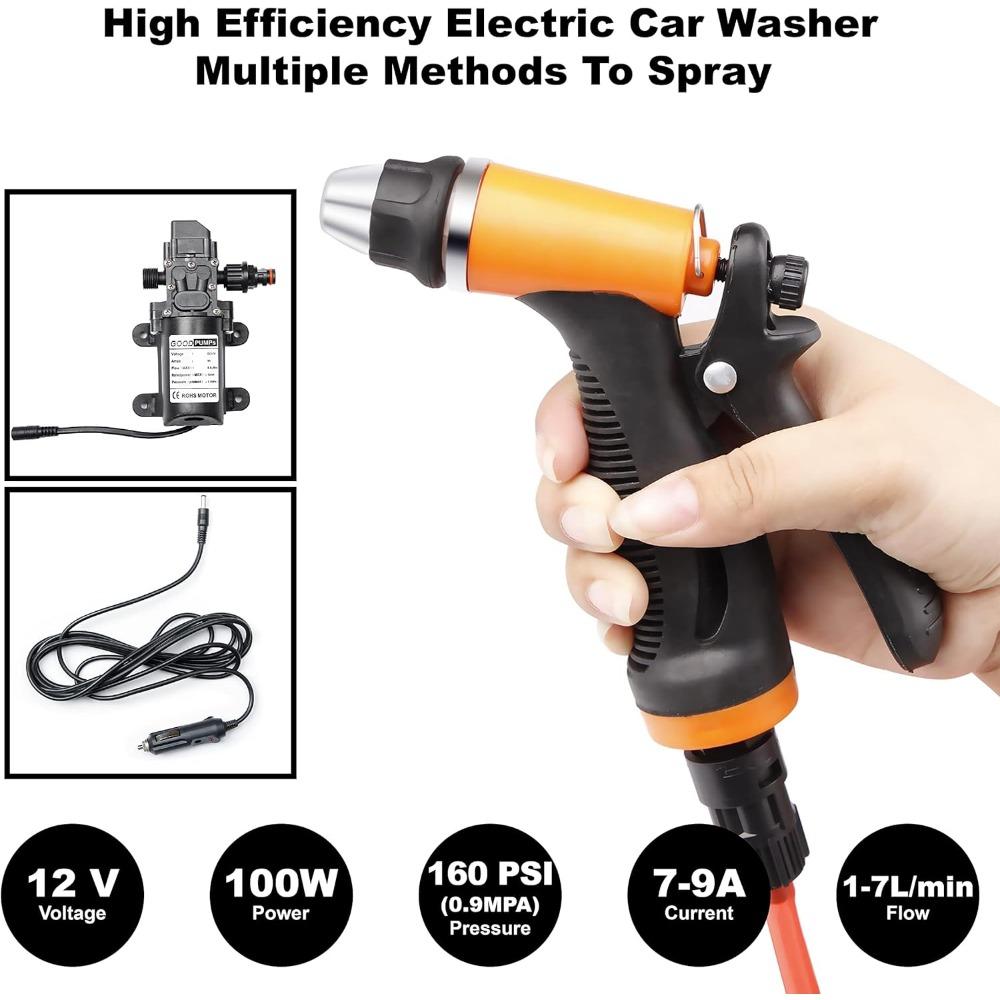 Portable Intelligent Electric Pressure Washer Pump 100W 160 PSI 12V Portable Pressure Powerful Washing Kit with 21.3 Feet PVC Ho