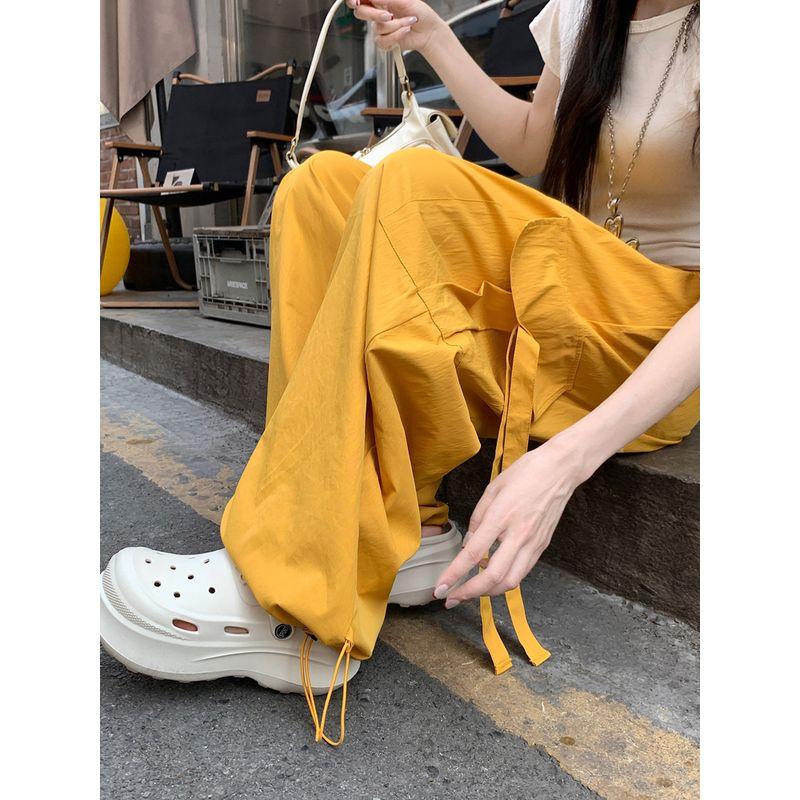 

Kumikumi American Retro Drawstring Overalls Casual Pants Women s Autumn High Waist Slim Looking Loose Pants Yellow S