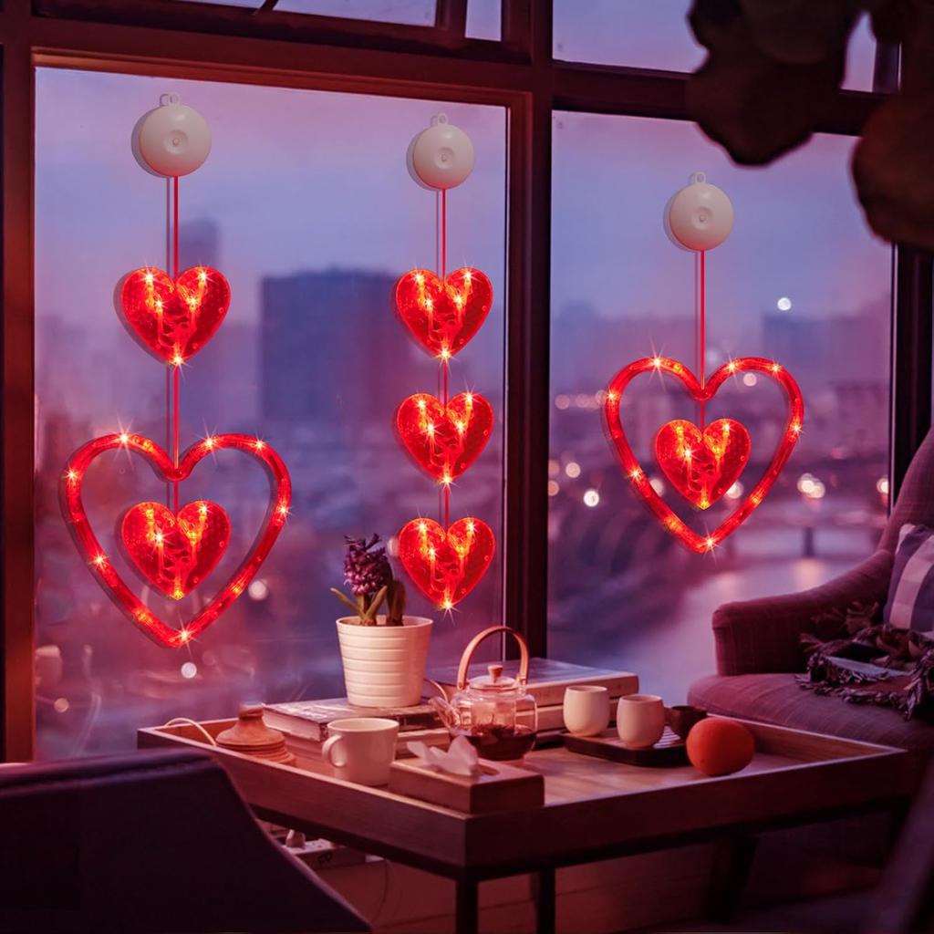 Homeleo 3-Pack Red Heart Window Lights for Valentine's Day Decor, Romantic Heart Shaped Hanging Lights w/Suction Cup for Wedding Anniversary Party