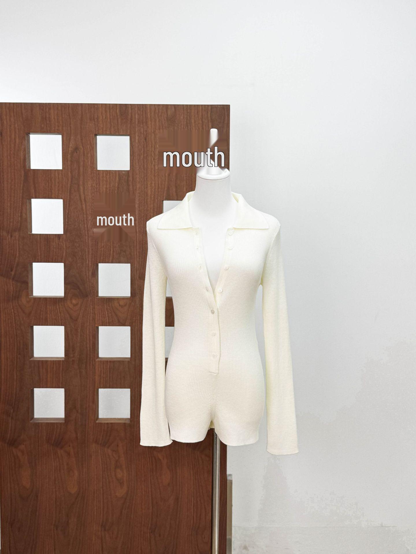 

High-End European & American Style White Ribbed Jumpsuit: Deep V, Slim Fit, Long Sleeve with Lapel Medium брудно-білий