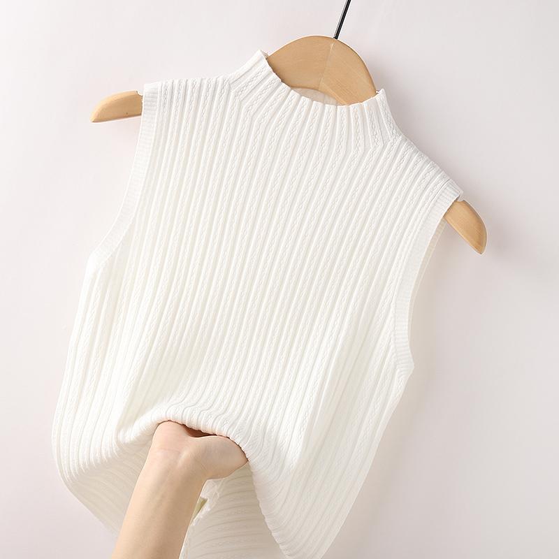 Summer Sleeveless Knitwear Half High Neck Jumper Tee Top Ladies Pure Color Casual Ribbed Vest Slim Fit