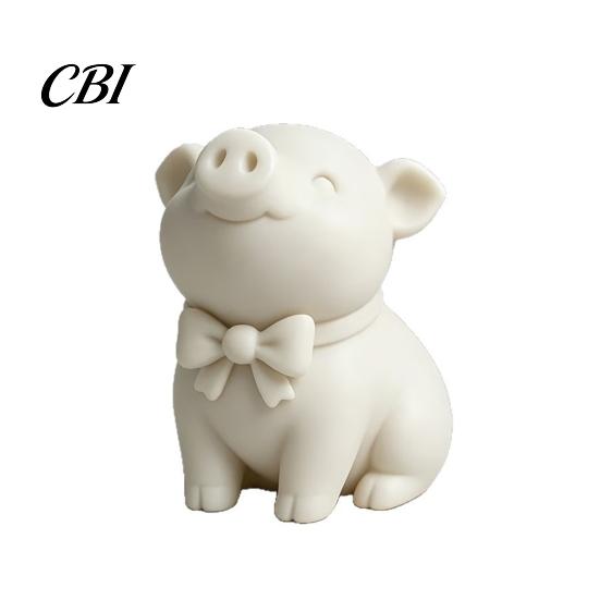 Miniature Pig Figurine 3D Printed Cute Bow Tie Figurine, Matte Cream White, Minimalist Animal Decor Statue, Piggy Desk Ornament Compact for