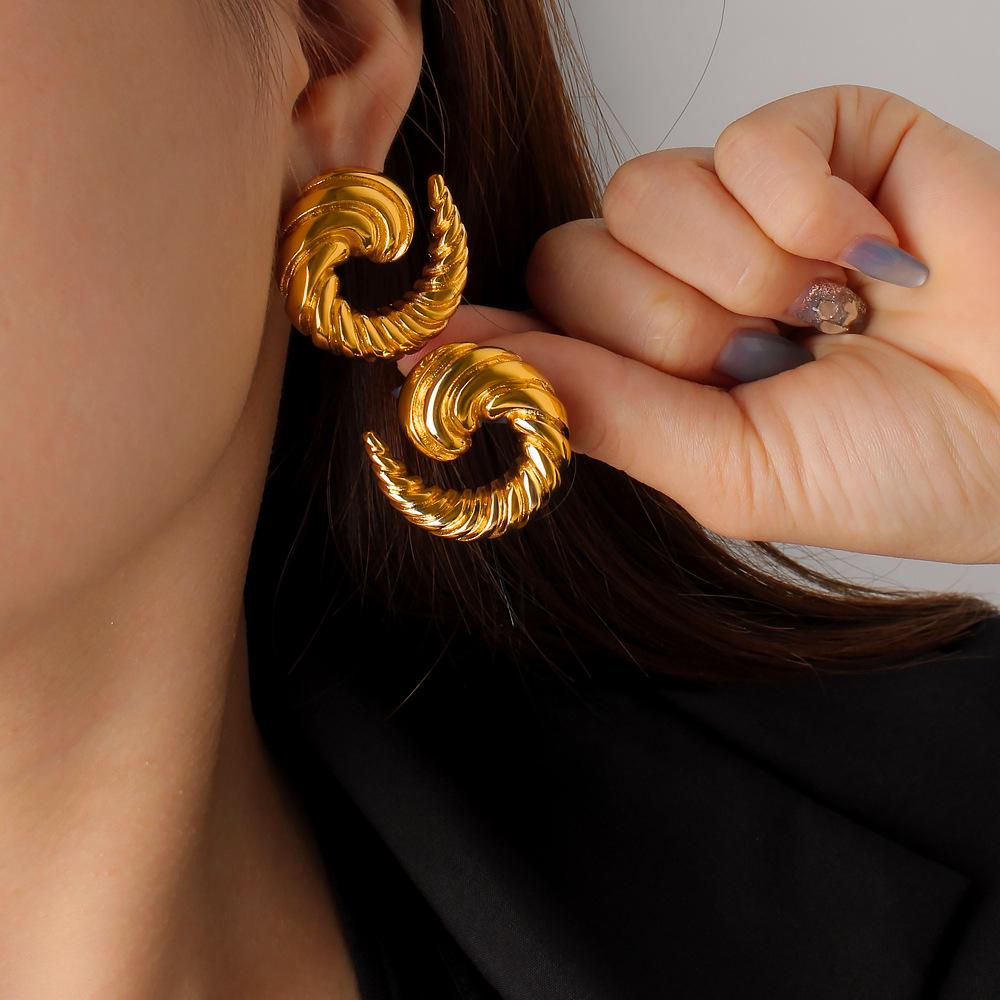 18k Gold Plated Geometric Spiral Stud Earrings with 3D Texture
