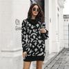 Women Casual Leopard Print Knit Sweater Dress Spring Fall Loose Waist Straight Collar Full Sleeve Above Knee Mini S-L