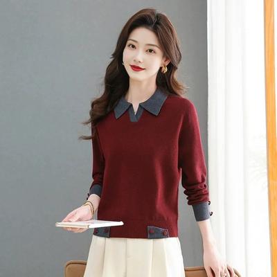 Jersey de punto corto de color liso con solapa para mujer, base, nuevo jersey de moda de otoño e invierno con temperamento