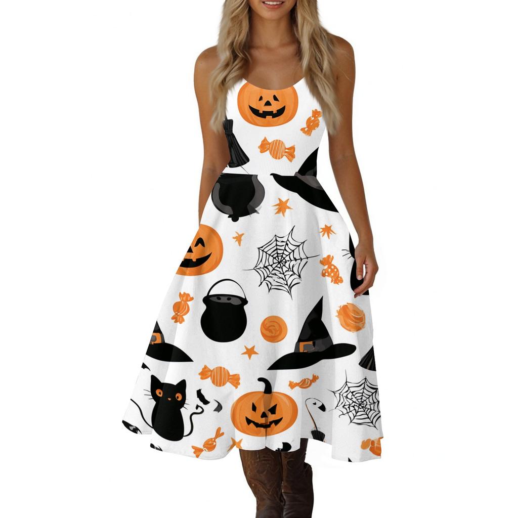 Women's Fashion Off-Shoulder Flared Dress with Halloween Print, Vintage