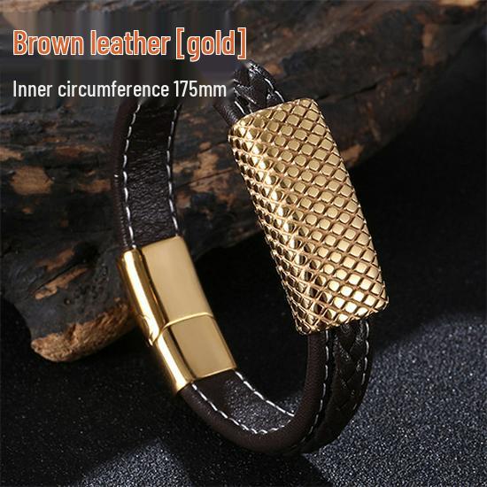 Trendy Men s Gold Stainless Steel & Leather Bracelet with Magnetic Buckle
