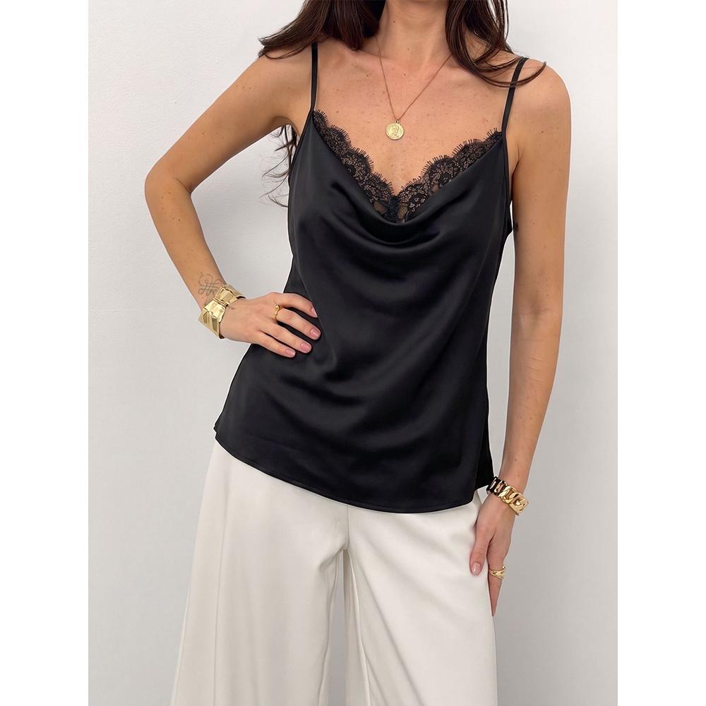 New black lace V-neck halter-style sleeveless sheer lingerie top with satin fabric S