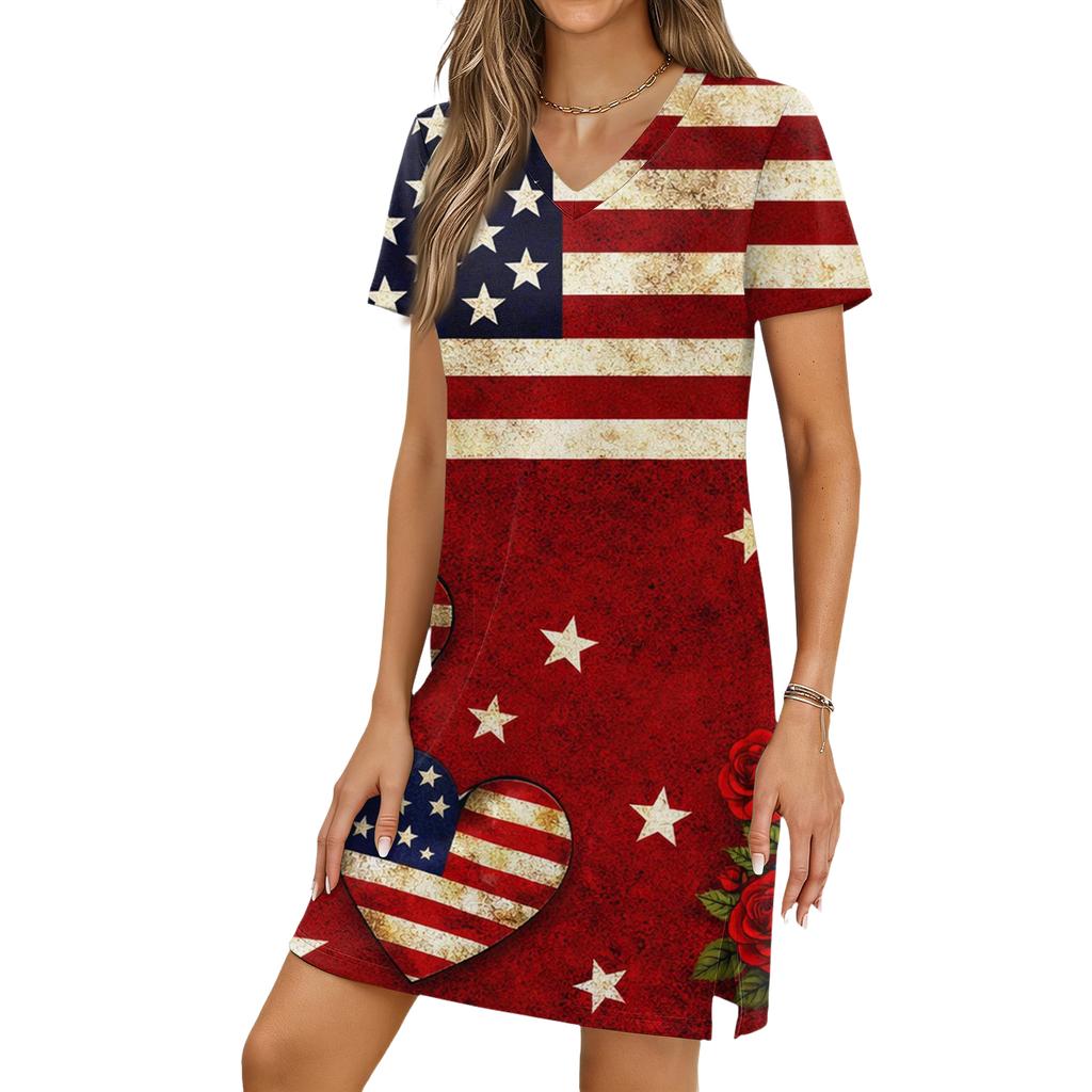 Women's Casual V-neck Short Sleeve Split Hem Independence Day Printed Dress