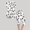 Women Plus Size White Haunted House Printed Round Neck Short Sleeve Top Capri Pants Two Piece Set