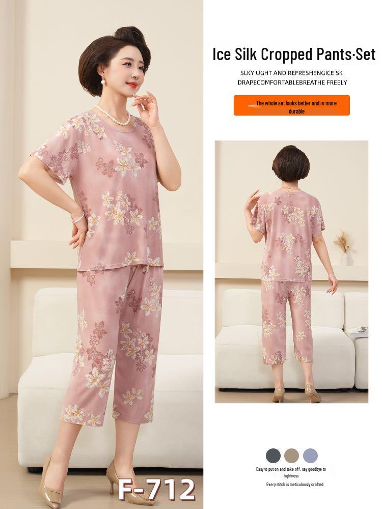 Women's Plus Size Ice Silk Pajama Set: Casual Short Sleeve Two-Piece for Middle-aged and Elderly Moms