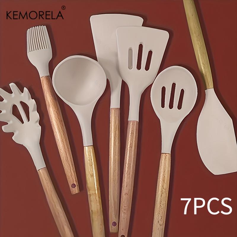 7PCS Heat-Resistant Silicone Kitchen Utensil Set with Wooden Handles - Food-Grade Cooking Tools for Cooking, Baking & Serving