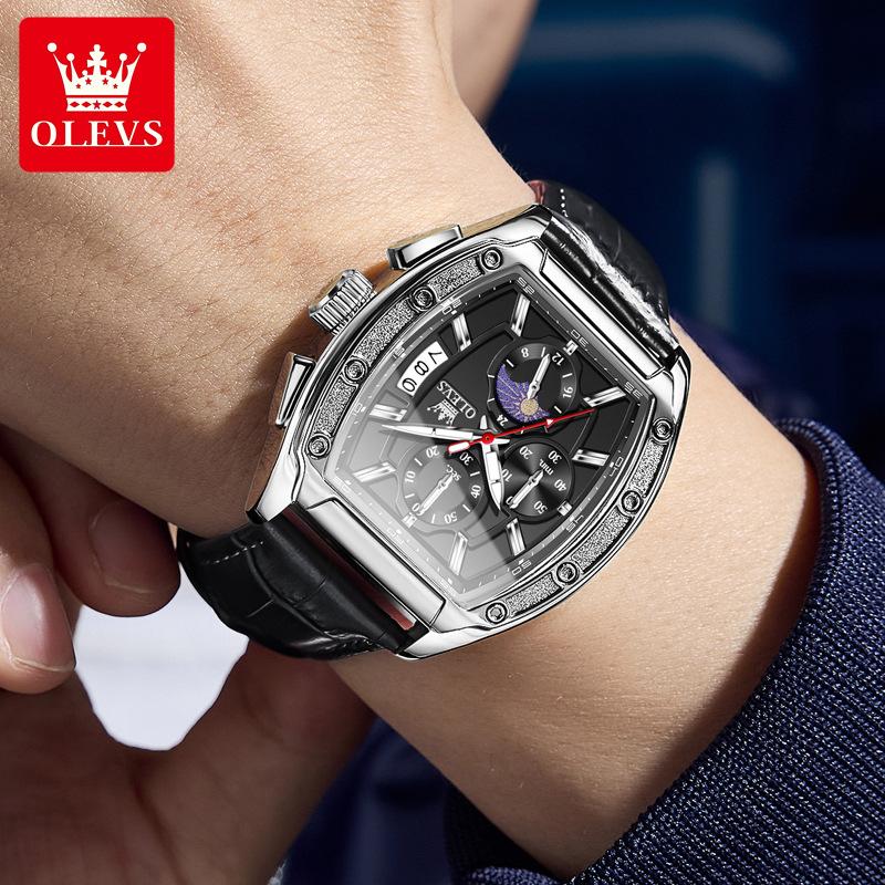 Men Watch Luxury Chronograph Quartz Watch Leather Waterproof Luminous Date Moon Phase Watches for Man Reloj