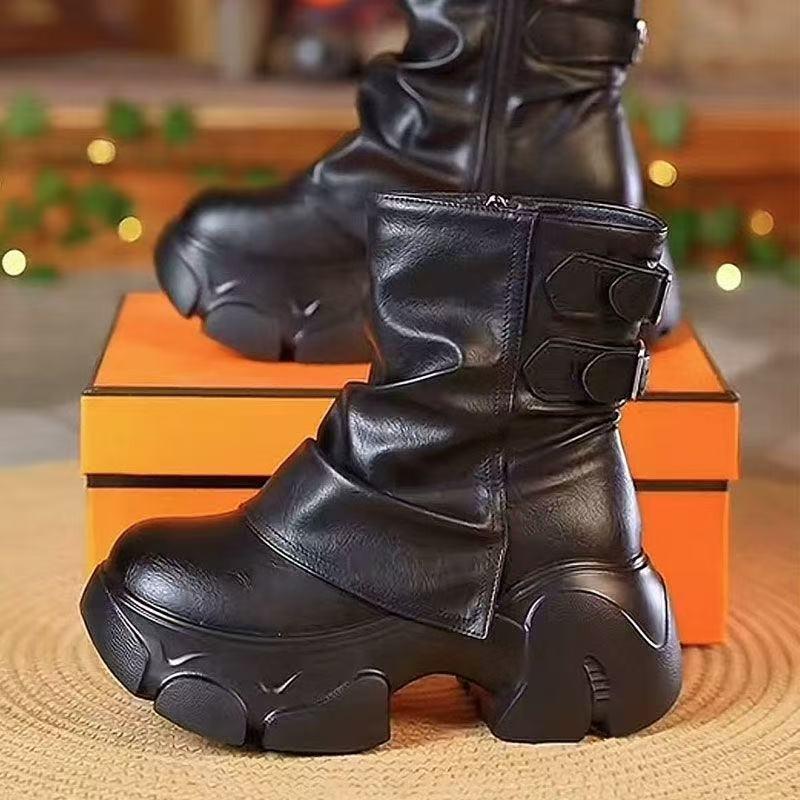 Fall/Winter  High Top Booties Fashion Round Toe Metal Buckle Side Zip Platform Versatile Pant Boots