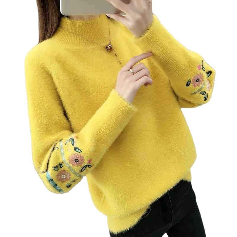 Autumn Winter Woman Sweaters Turtleneck Sweater Female Slim Pullover Jumper Flower Embroidery Knitted Sweater Fashion Casual Top