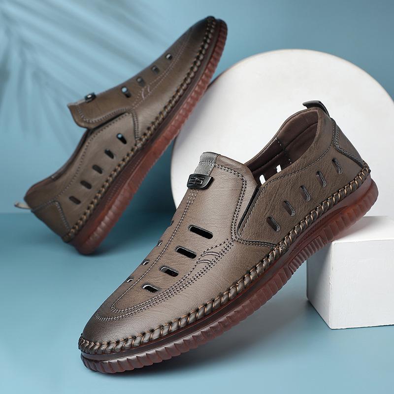 Summer new men's hollowed-out breathable leather sandals hole shoes men's handmade online casual overshoes