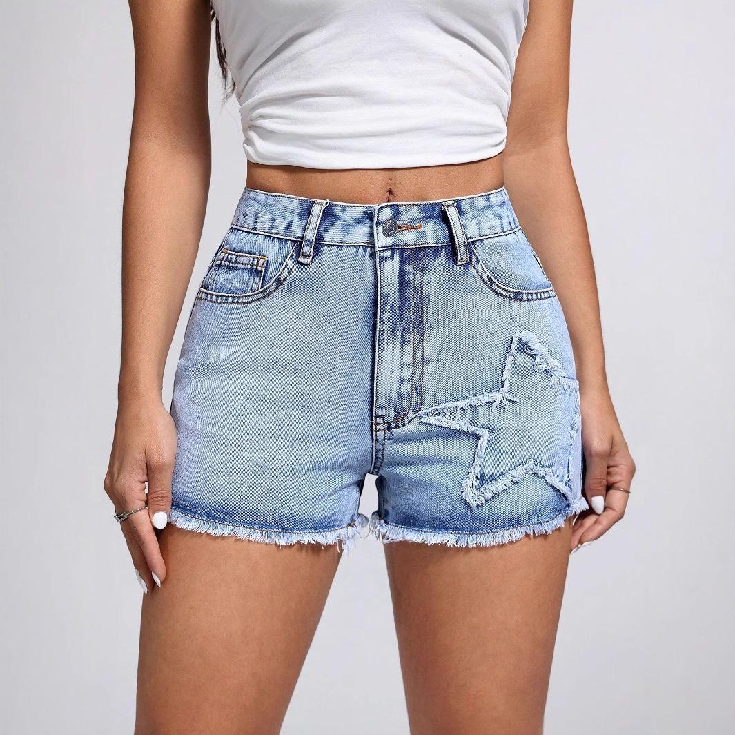 

In-Stock Women s European & American INS Casual Fashion Raw Edge Star Denim Shorts S синий